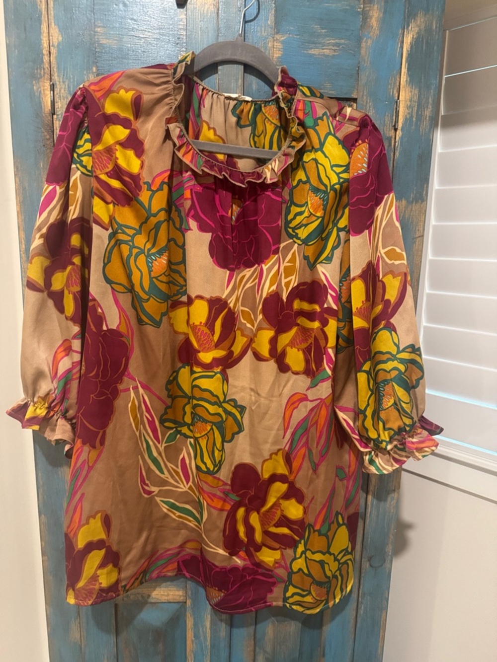 Floral Ruffle Neck Women's Blouse - Beige with Pink & Yellow Floral